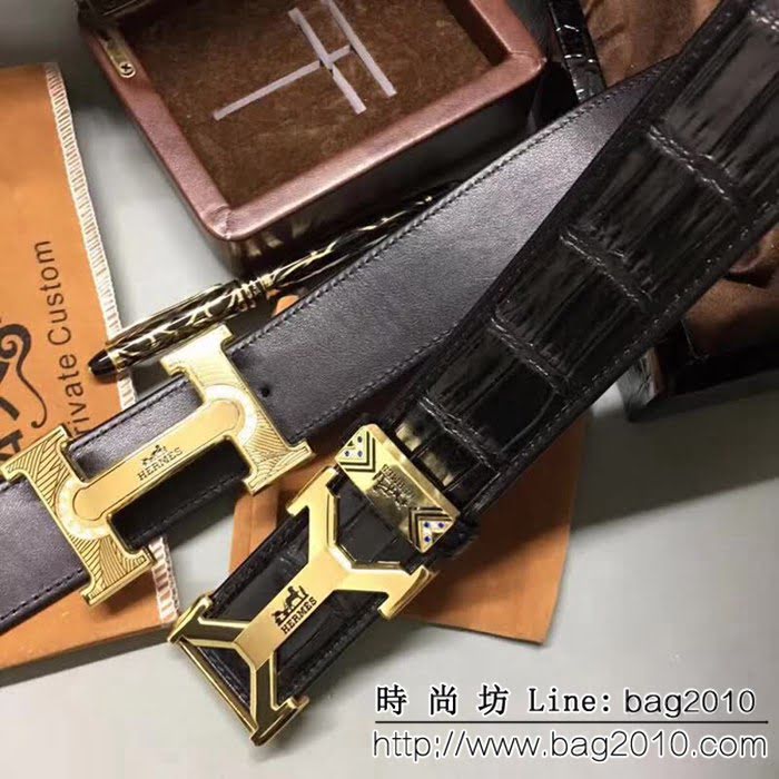愛馬仕HERMES 純手工美洲鱷魚無拼接肚皮 高端男士皮帶 HHG1209
